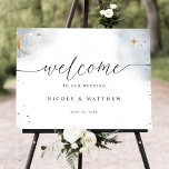 Elegant Celestial Wedding Welcome Sign<br><div class="desc">Welcome your guests with this elegant welcome sign with an exquisite watercolor sky, moon, and stars. Modern handwritten calligraphy details. Gold dainty stars as well as half moon in faux gold foil. Sky in a beautiful blend of silver, gray, white, and a touch of blue hues. 10" x 8" is...</div>