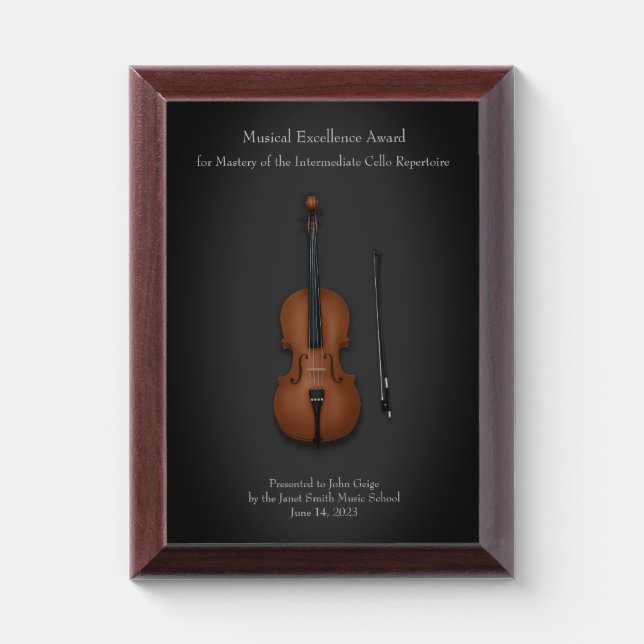 Elegant Cello Music Education & Performance Award Plaque (Vertical)