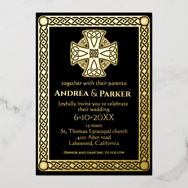Elegant Celtic Knot Black and Gold  Foil Invitation (Front)