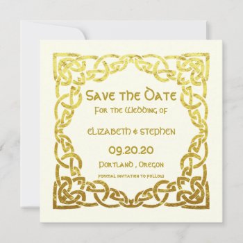 Elegant Celtic Wedding Ivory Faux Gold Celtic Knot Save The Date by BEXCOTTAGESTUDIO at Zazzle