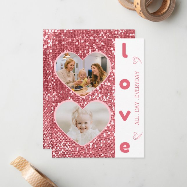 Elegant Cerise Heart Shaped Photo Valentine's Day Note Card (Front/Back In Situ)