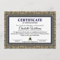Elegant Certificate of Appreciation Blue Gold