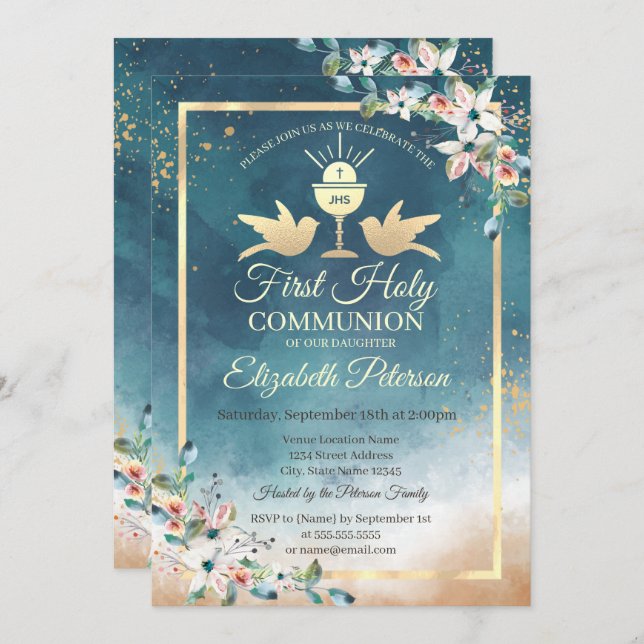 Elegant Chalice Floral First Holy Communion   Invitation (Front/Back)