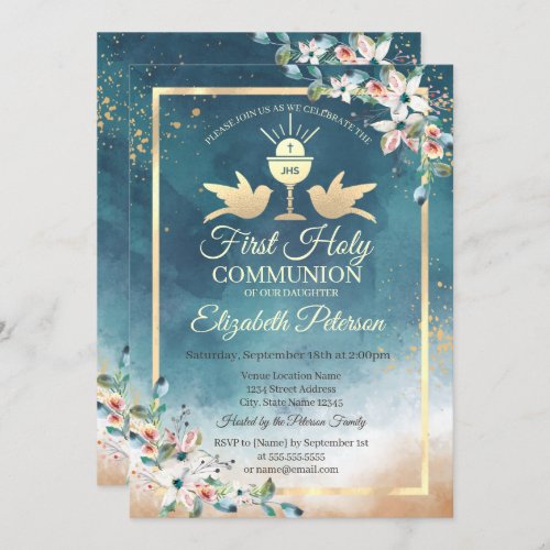 Elegant Chalice Floral First Holy Communion   Invitation