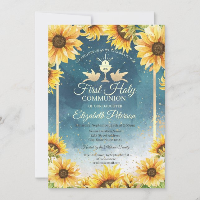 Elegant Chalice Sunflowers First Holy Communion  Invitation (Front)