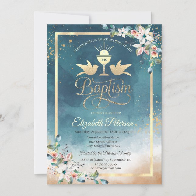 Elegant Chalice Watercolor Flowers Baptism Invitation (Front)