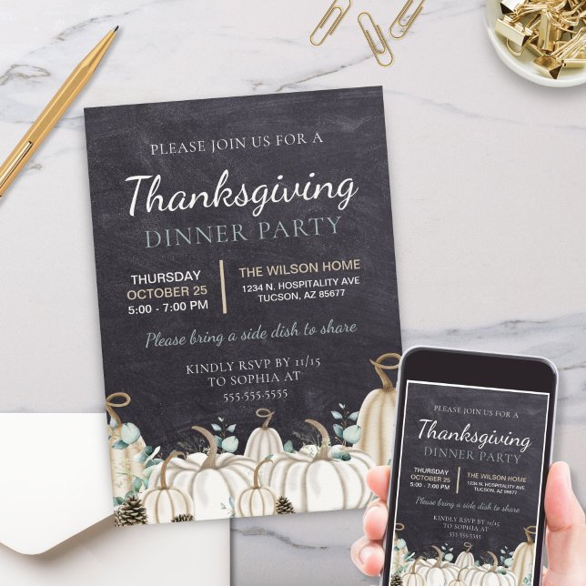 Elegant Chalkboard Autumn Fall Thanksgiving Dinner Invitation (elegant white pumpkin themed thanksgiving fall autumn dinner party or event invitation with greenery)