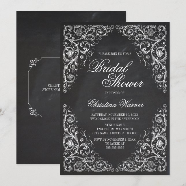 Elegant Chalkboard Corner Flourish Bridal Shower Invitation (Front/Back)