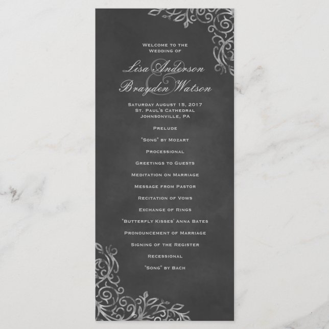 Elegant Chalkboard Filigree Wedding Program (Front)