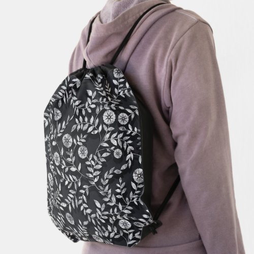 Elegant Chalkboard Floral Pattern Drawstring Bag