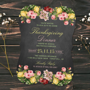 Elegant Chalkboard Floral Thanksgiving Dinner Invitation