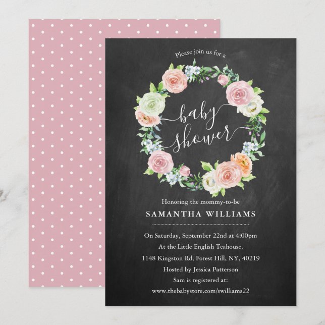 Elegant Chalkboard Floral Wreath Baby Shower Invitation (Front/Back)