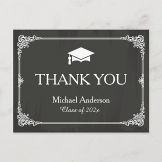 Elegant Chalkboard Grad Cap Graduation Thank You Postcard