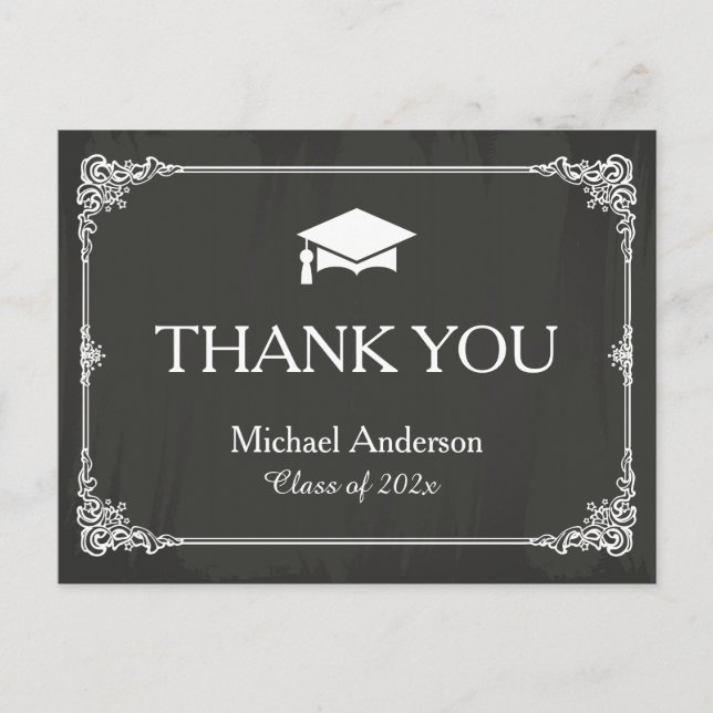 Elegant Chalkboard Grad Cap Graduation Thank You Postcard (Front)