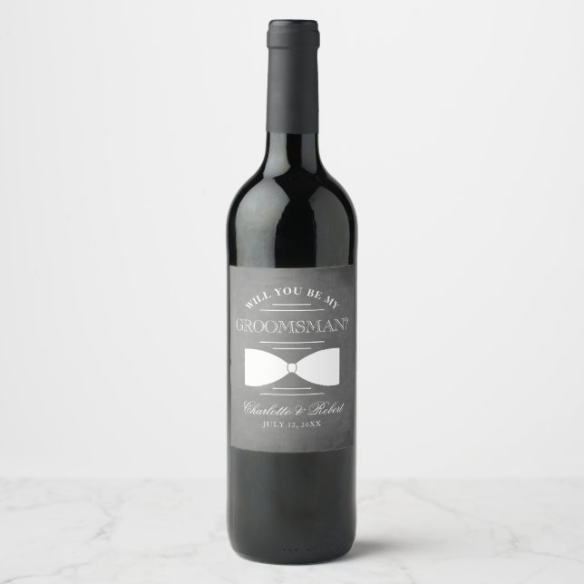 Elegant Chalkboard Groomsman Bow Tie Wine Label (Front)