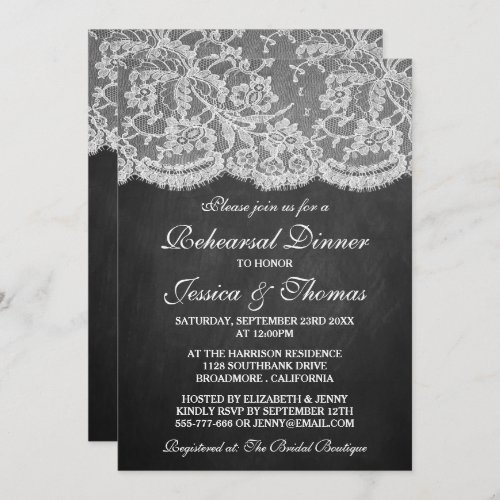 Elegant Chalkboard  Lace Wedding Rehearsal Dinner Invitation