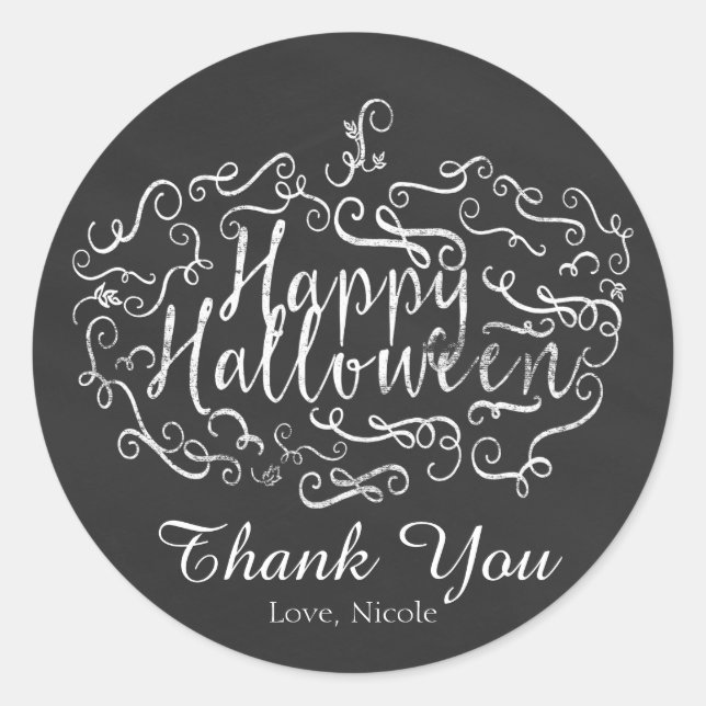 Elegant Chalkboard Pumpkin Happy Halloween Classic Round Sticker (Front)