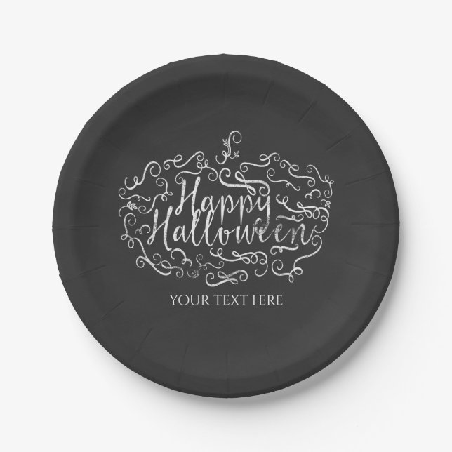 Elegant Chalkboard Pumpkin Happy Halloween Party Paper Plates (Front)