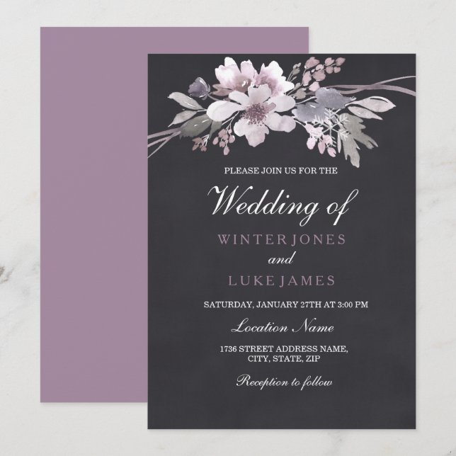 Elegant Chalkboard Purple Floral Winter Wedding Invitation (Front/Back)