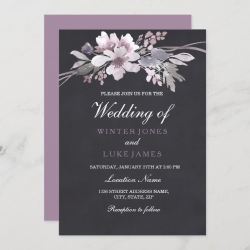Elegant Chalkboard Purple Floral Winter Wedding Invitation