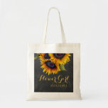 Elegant chalkboard sunflowers wedding bridesmaid tote bag<br><div class="desc">Rustic elegant summer or autumn fall wedding stylish bridesmaid / maid of honor / flower girl/ mother of the bride or mother of the groom tote bag on dark gray chalkboard featuring a beautiful sunflowers bouquet with custom text. Fill in your information in the spots, You can choose to customize...</div>