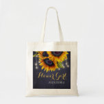 Elegant chalkboard sunflowers wedding flower girl tote bag<br><div class="desc">Rustic elegant summer or autumn fall wedding stylish bridesmaid / maid of honor / flower girl/ mother of the bride or mother of the groom tote bag on dark midnight navy blue chalkboard featuring a beautiful sunflowers bouquet and strings of twinkle lights with custom text. Fill in your information in...</div>