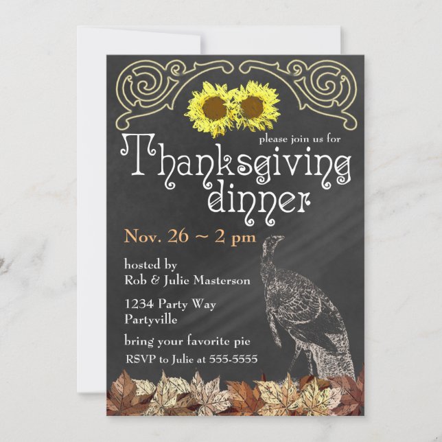 Elegant Chalkboard Turkey Sunflowers Thanksgiving Invitation (Front)