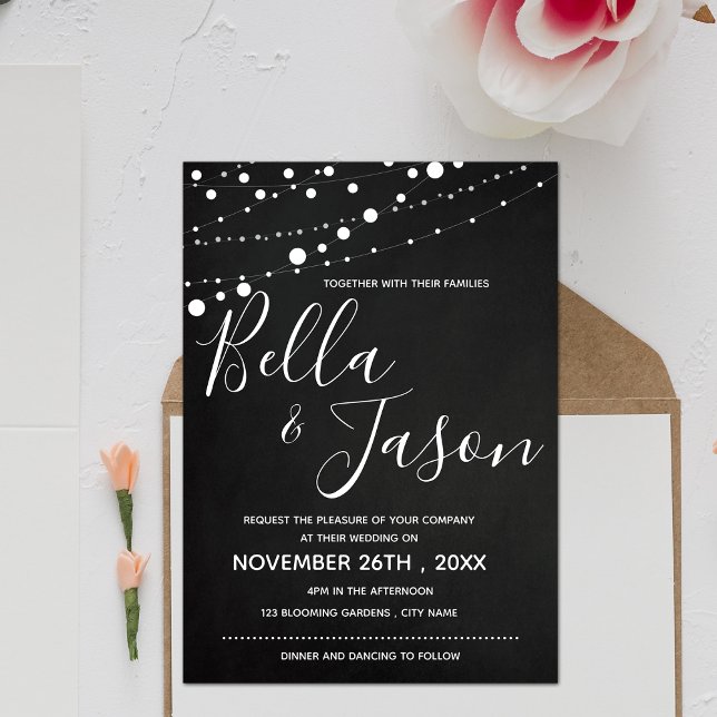 Elegant Chalkboard With String Lights Wedding Invitation (Creator Uploaded)