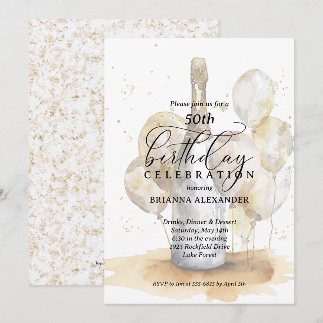 Elegant Champagne and Balloons Birthday Invitation (Front/Back)
