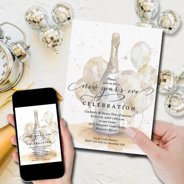 Elegant Champagne and Balloons New Year's Eve Invitation (Champagne bottle and gold balloons New Year's Eve party invitations, PRINTED and/or INSTANT DOWNLOAD)