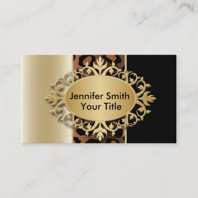 Elegant Champagne and Black Leopard Print Business Card (Front)