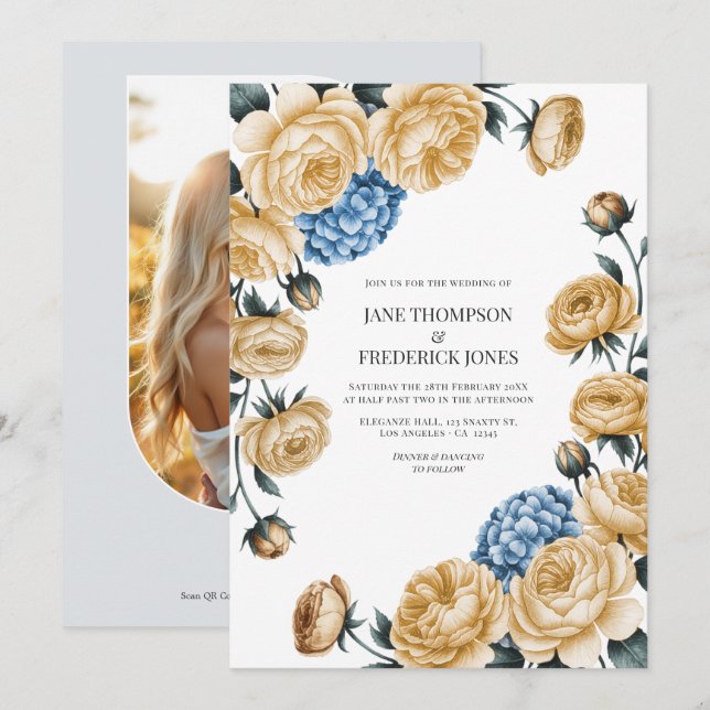 Elegant Champagne and Dusty Blue Floral Wedding Invitation (Front/Back)