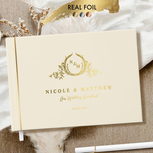 Elegant Champagne and Real Foil Monogram Wedding Foil Guest Book