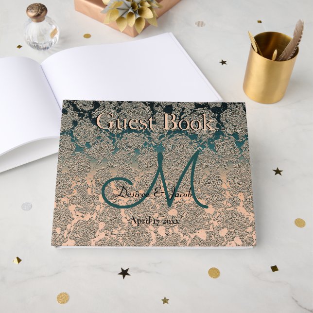 Elegant Champagne And Teal Wedding Theme Monogram Guest Book (Front Open)