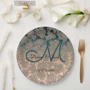 Elegant Champagne And Teal Wedding Theme Monogram Paper Plates
