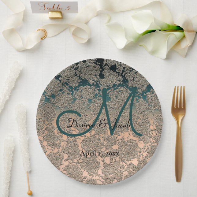 Elegant Champagne And Teal Wedding Theme Monogram Paper Plates (Wedding)
