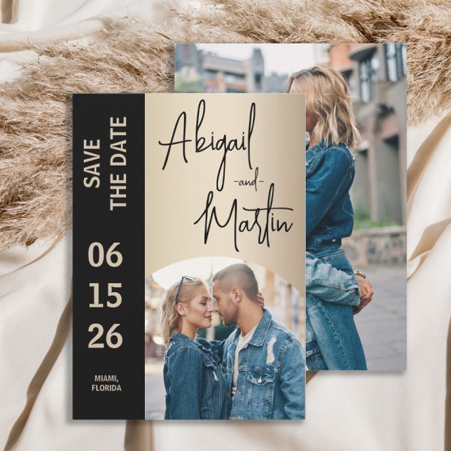 Elegant Champagne Black 2 Photo Wedding  Save The Date (Champagne and black wedding Save the Date 2-photo arch photo card)