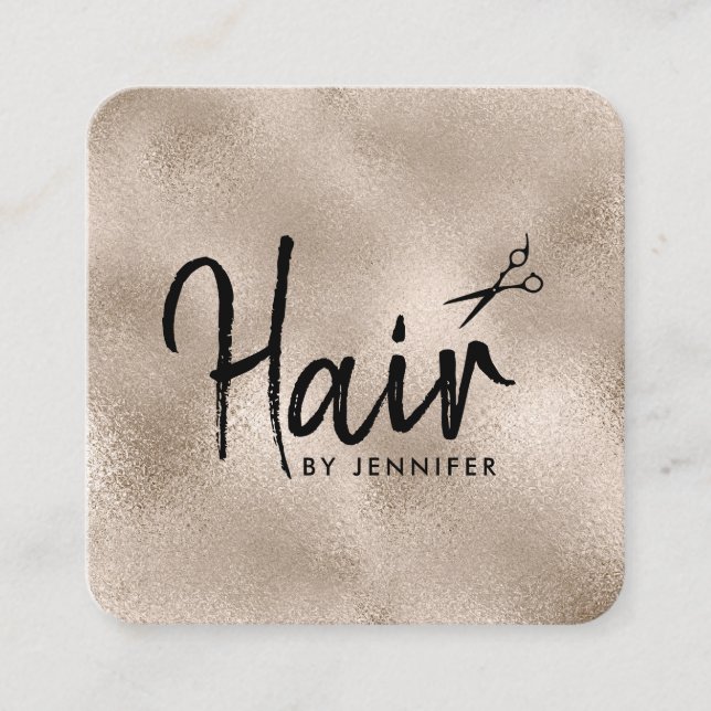 Elegant champagne & black scissors hairstylist square business card (Front)