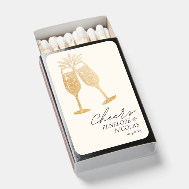 Elegant Champagne Cheers Wedding Favor Matchboxes (Front Open)
