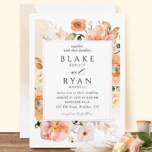 Elegant Champagne Cream Peach Botanical Wedding Invitation