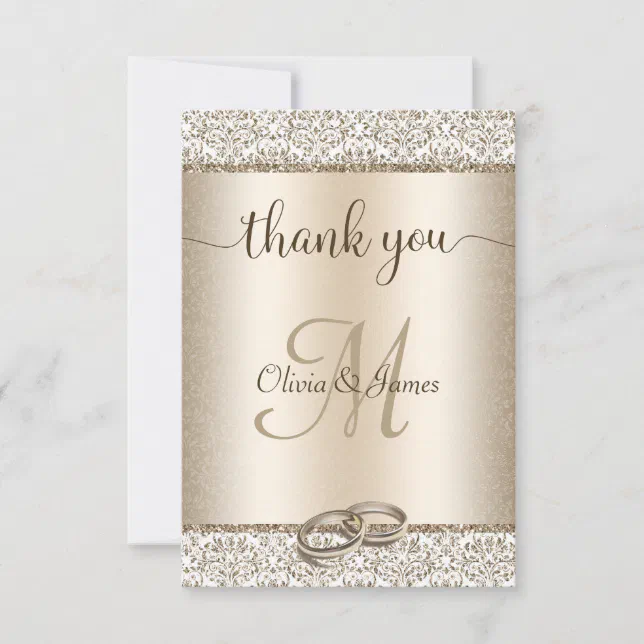 Elegant Champagne Damask Monogram Wedding Thank You Card | Zazzle
