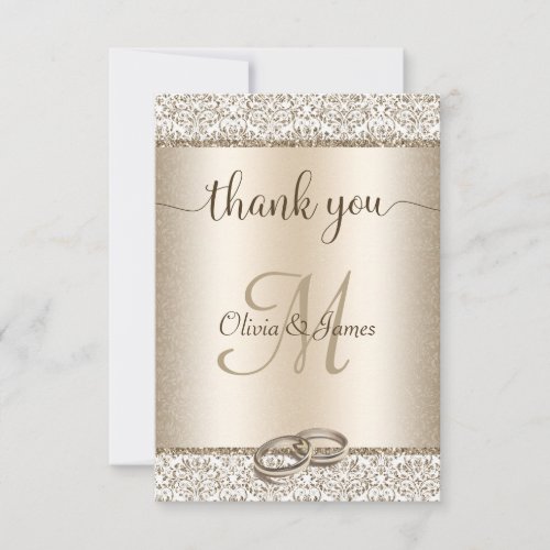 Elegant Champagne Damask Monogram Wedding Thank You Card