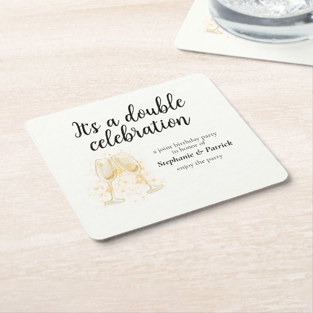 Elegant Champagne Double Celebration Joint Party Square Paper Coaster (Angled)