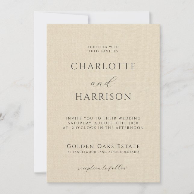 Elegant Champagne Embossed Linen Minimal Wedding Invitation (Front)
