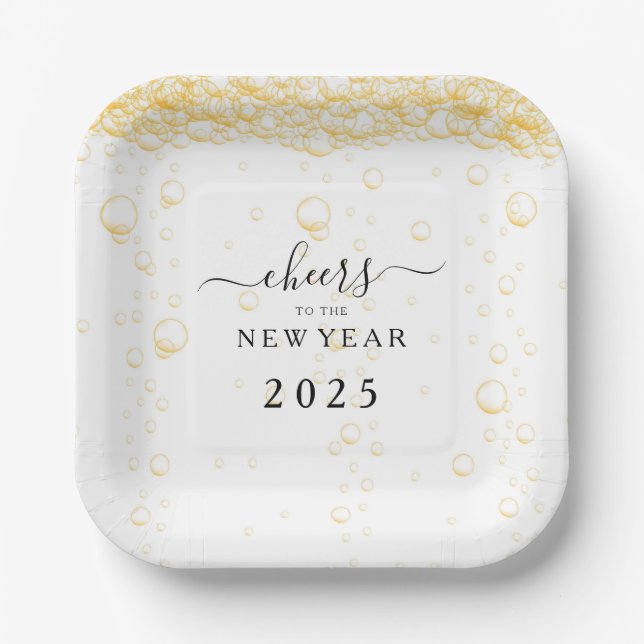 Elegant Champagne Fizz New Year's Eve Paper Plates (Front)