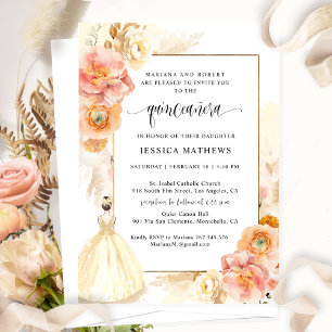 Elegant Champagne Floral Princess Quinceañera Invitation