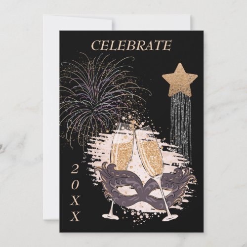 Elegant Champagne Glass and Mask New Years Party I Invitation