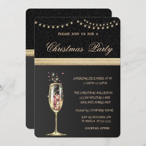 Elegant  Champagne Glass BlackChristmas Party Invitation