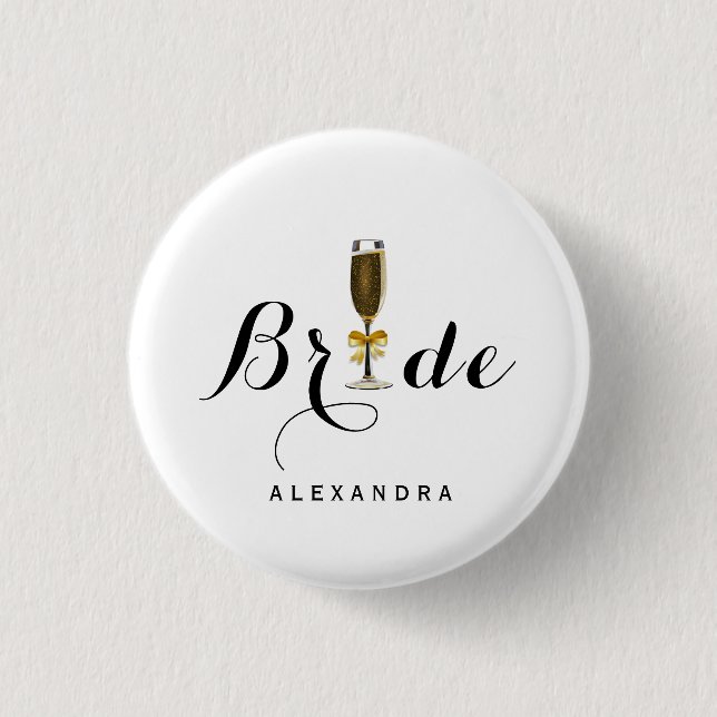 Elegant Champagne Glass Bride Button (Front)