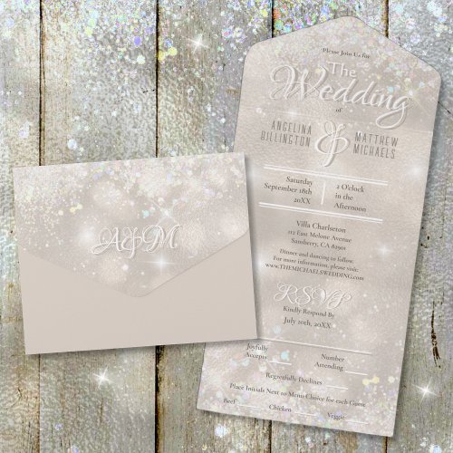 Elegant Champagne Glitter Confetti Wedding All In One Invitation